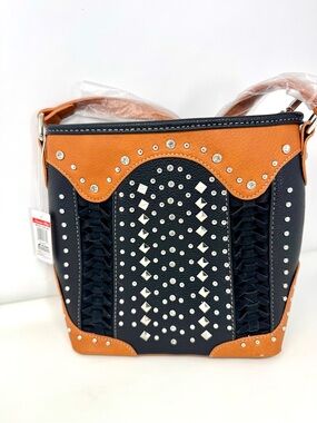 NWT American Beauty Western Studded Crossbody Messenger Bag - Black & Tan